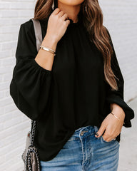 Zea Ruffle Mock Neck Blouse - Black Oshnow