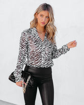 Zebra Print Mesh Button Down Top - Beige Oshnow