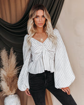 Zeke Linen Striped Balloon Sleeve Twist Top Oshnow
