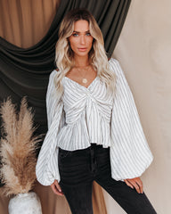 Zeke Linen Striped Balloon Sleeve Twist Top Oshnow