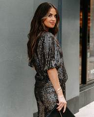 Ziah Sequin Puff Sleeve Blouse - Black Oshnow