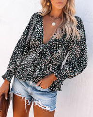 Zilla Floral Smocked Tie Blouse - Black Oshnow
