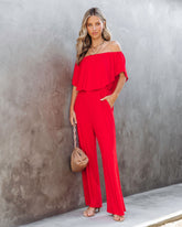Antonella Off The Shoulder Pocketed Jumpsuit - Red