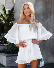 Definitely Demure Off The Shoulder Chiffon Romper - White