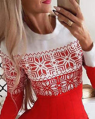 Vestido plisado de manga larga con estampado de copos de nieve navideños