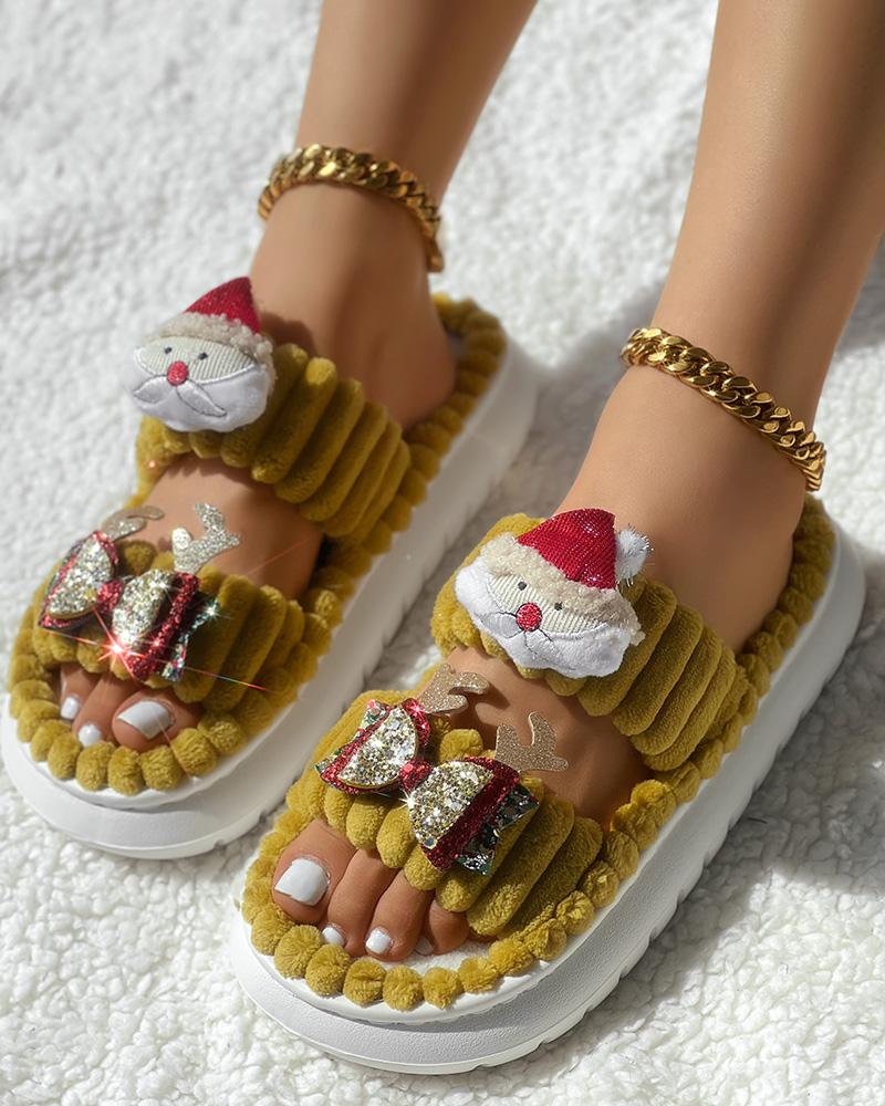 Christmas Cartoon Santa Claus Pattern Double Strap Fuzzy Winter Slippers