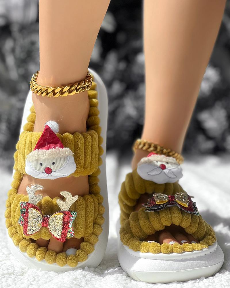 Christmas Cartoon Santa Claus Pattern Double Strap Fuzzy Winter Slippers