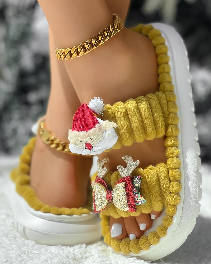 Christmas Cartoon Santa Claus Pattern Double Strap Fuzzy Winter Slippers