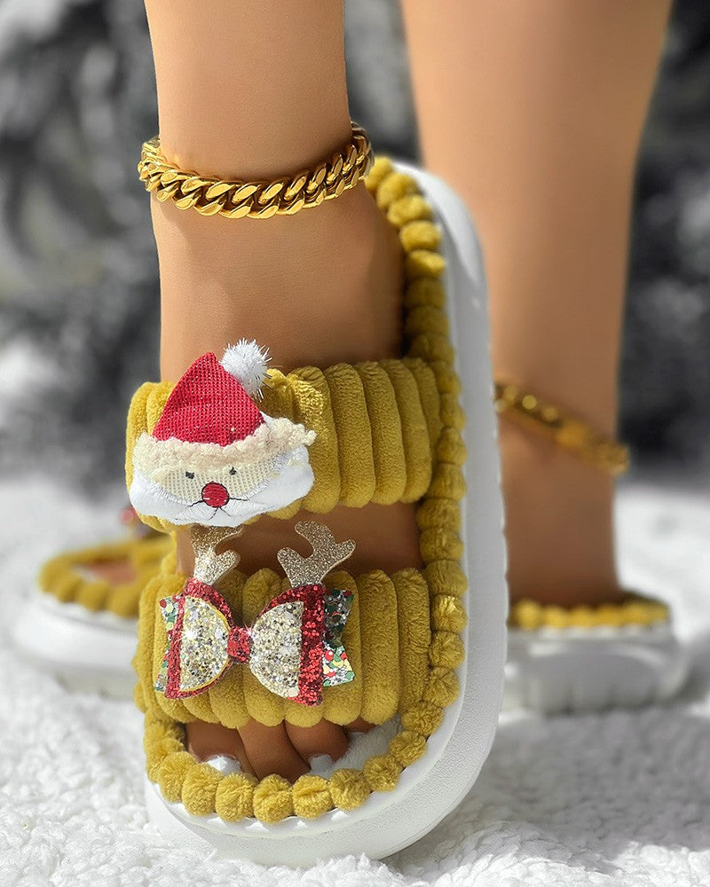 Christmas Cartoon Santa Claus Pattern Double Strap Fuzzy Winter Slippers