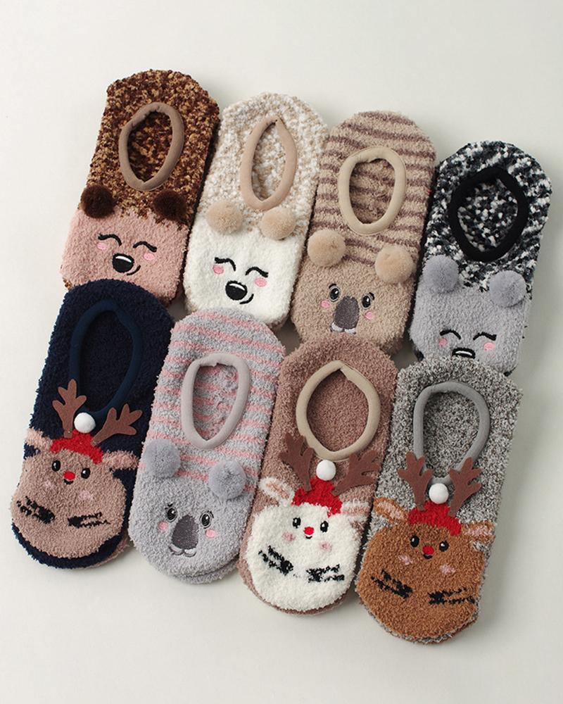 1 Paar flauschige Knöchelsocken mit weihnachtlichem Cartoon-Tiermotiv