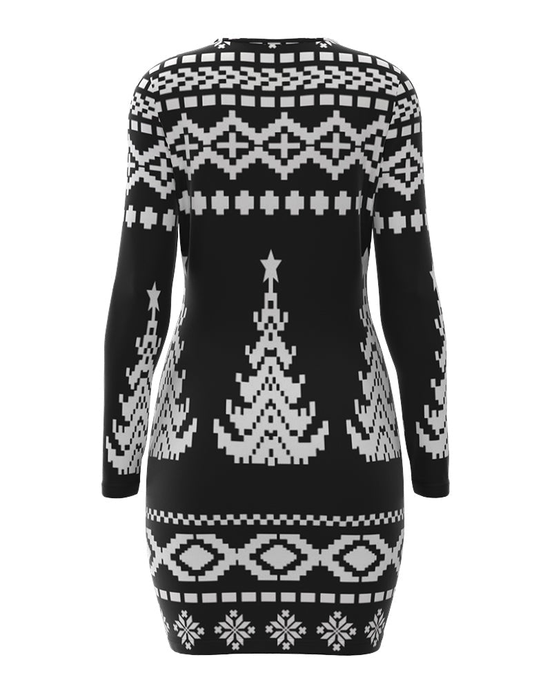 Christmas Fair Isle Pattern Print Long Sleeve Bodycon Dress