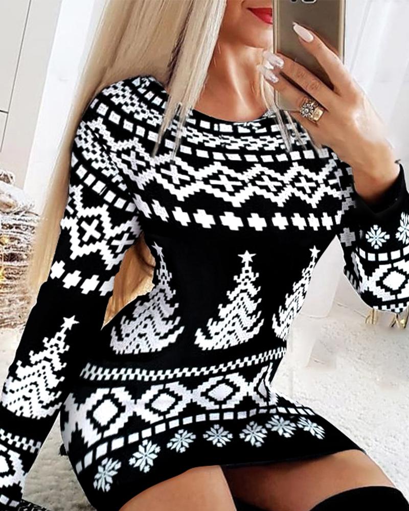 Christmas Fair Isle Pattern Print Long Sleeve Bodycon Dress