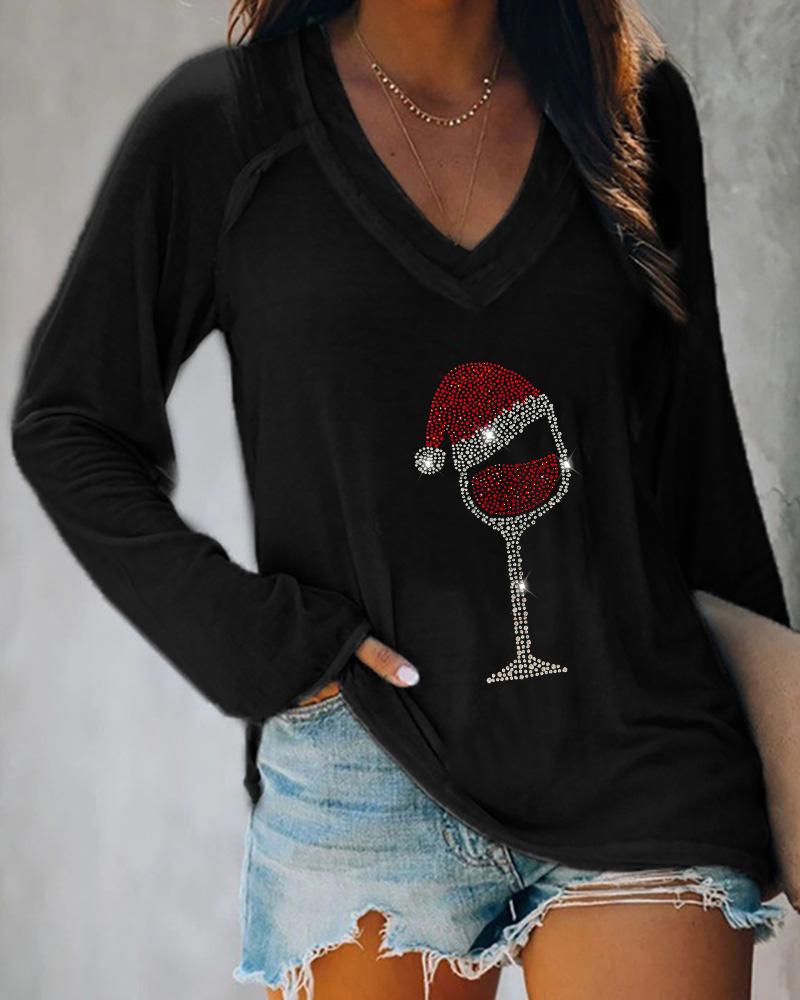 Christmas Wine Glass Print Casual Sweatshirt