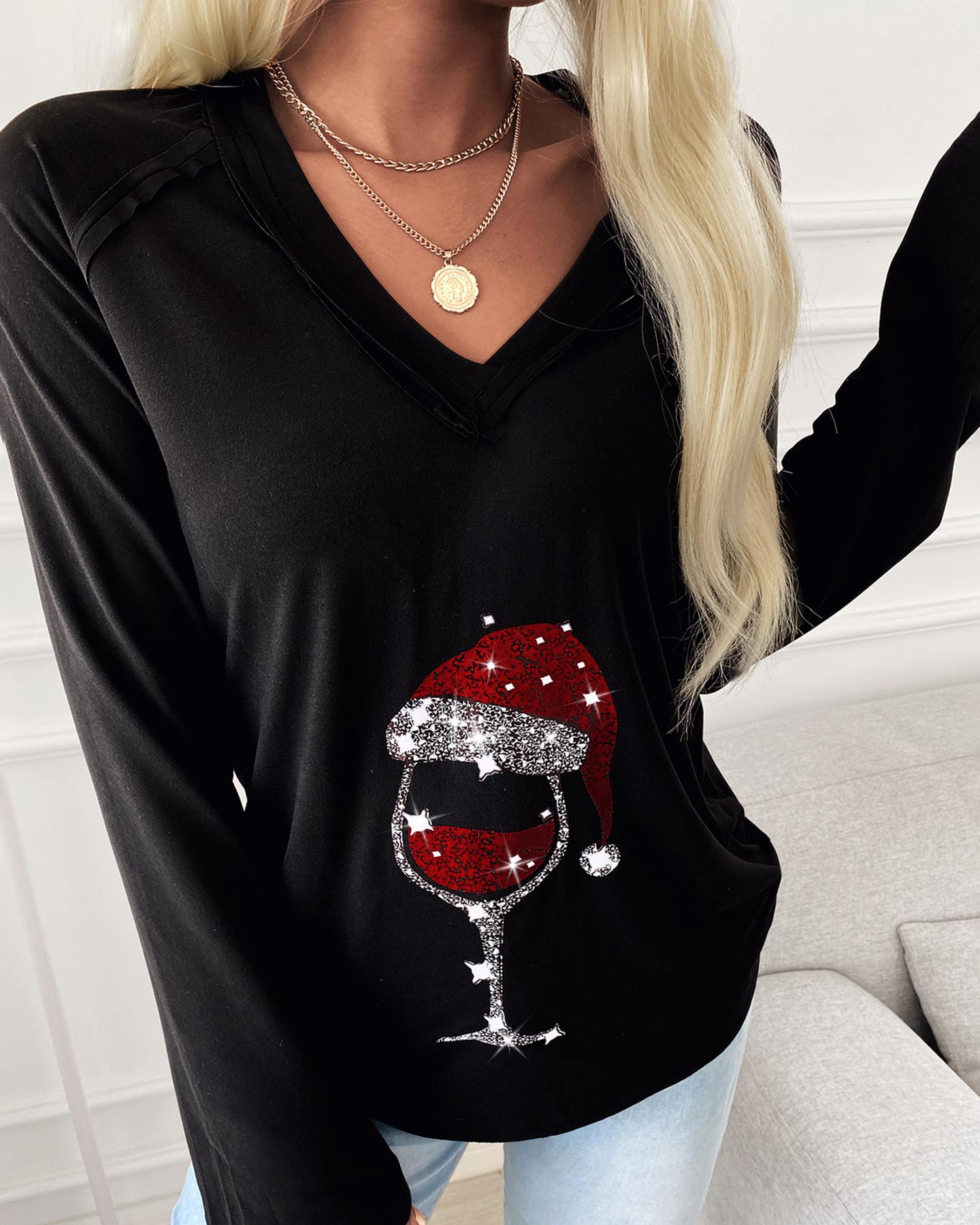 Christmas Wine Glass Print Casual Sweatshirt