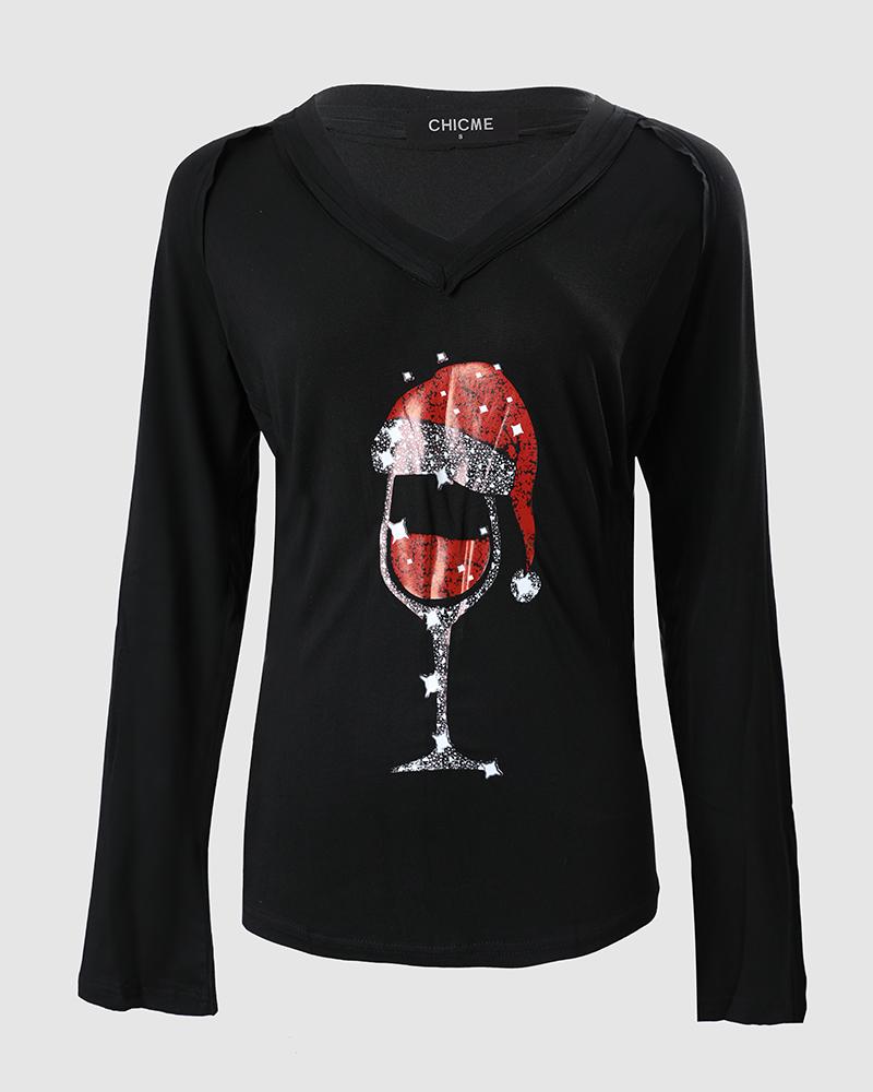 Christmas Wine Glass Print Casual Sweatshirt