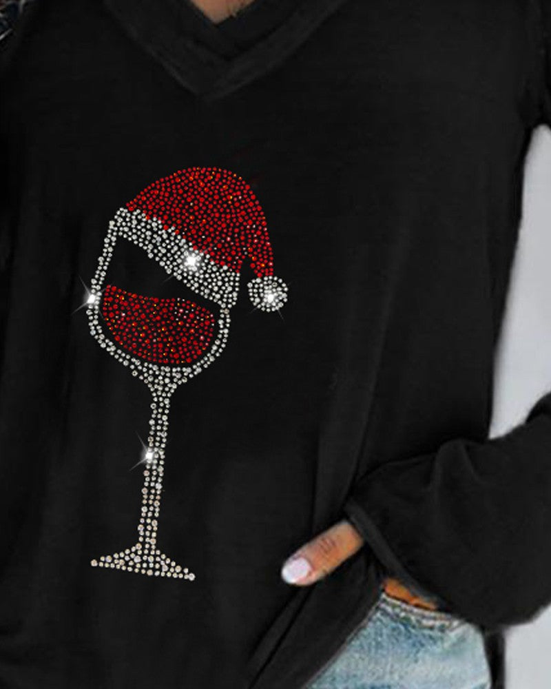 Sudadera informal con estampado de copas de vino navideñas