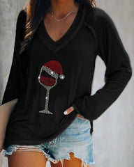 Sudadera informal con estampado de copas de vino navideñas