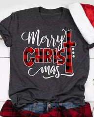 Camiseta informal con estampado de cuadros y letras navideñas