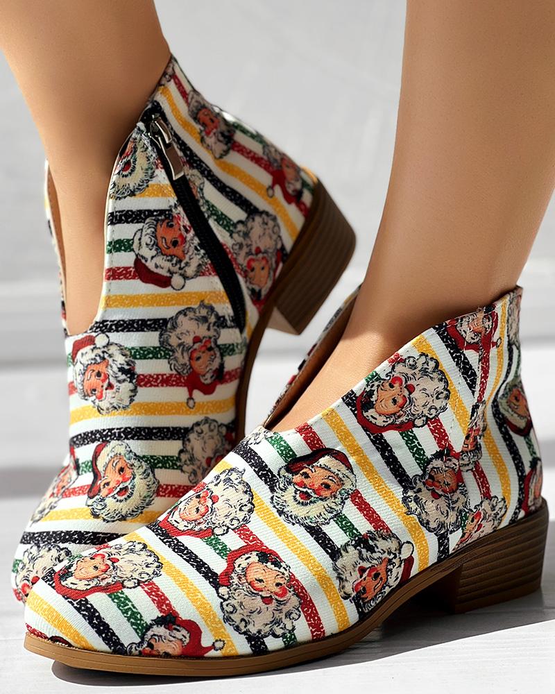 Christmas Santa Print Striped Ankle Boots