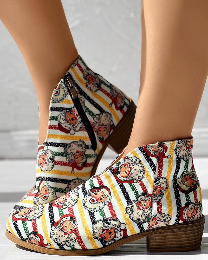 Christmas Santa Print Striped Ankle Boots