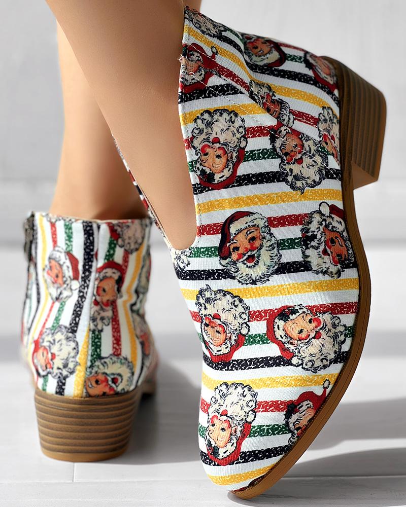 Christmas Santa Print Striped Ankle Boots