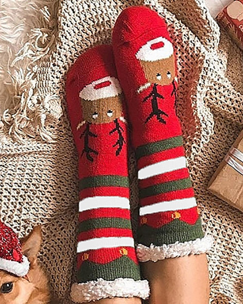 1Pair Christmas Elk Print Striped Fluffy Socks