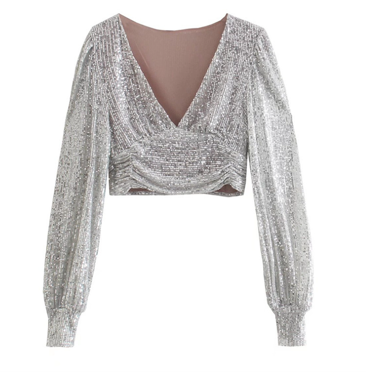 Brightest Sequin Twist Front Crop Blouse