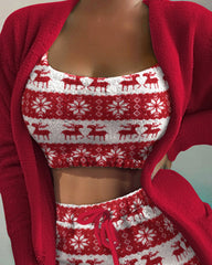 3PCS Christmas Fair Isle Pattern Print Fluffy Cami Set With Cardigan