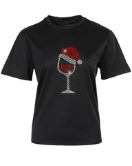 Christmas Hat Wine Glass Print Short Sleeve T shirt