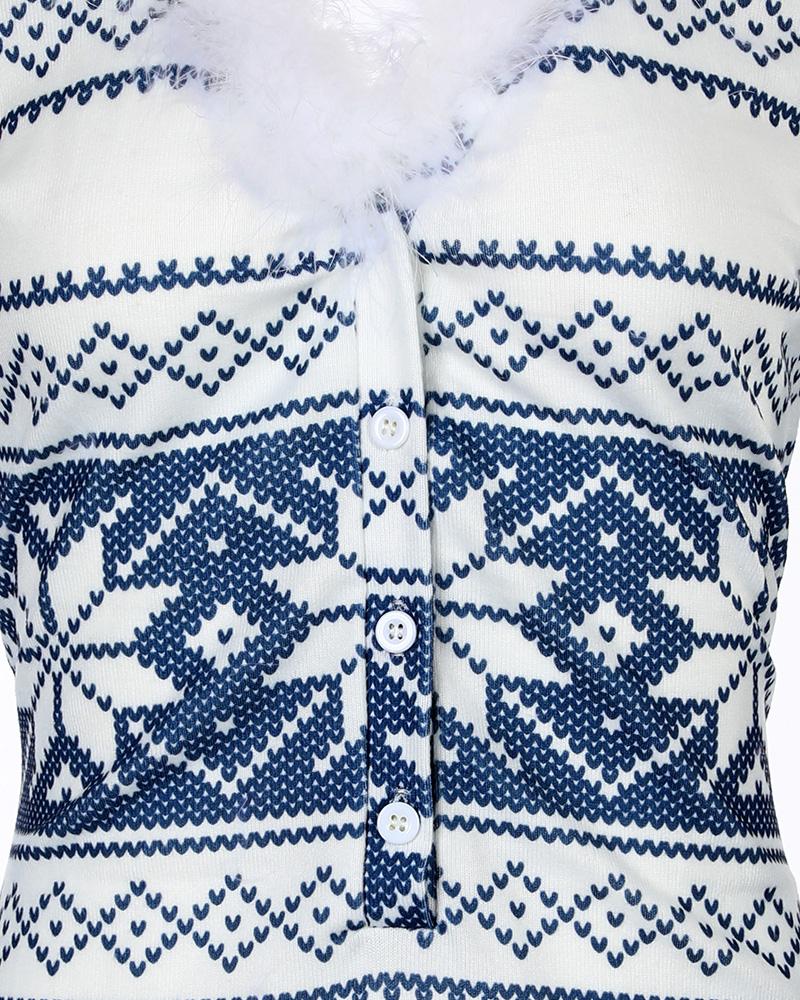 Christmas Fair Isle Pattern Print Fuzzy Trim Sleep Onesie