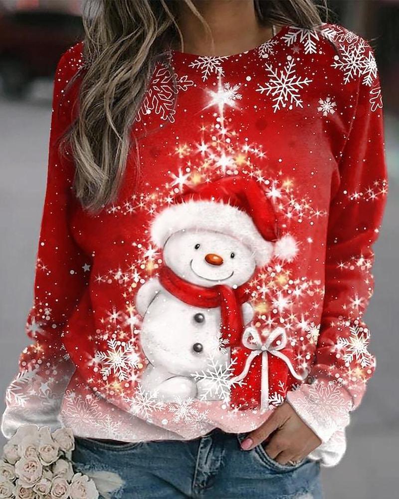 Christmas Snowman Print Long Sleeve Casual Top