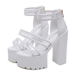 Chunky Heel Zipper Open Toe Strappy See-Through Sandals