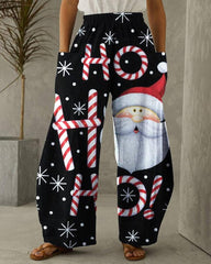 Christmas Santa Candy Print Pocket Design Wide Leg Pants