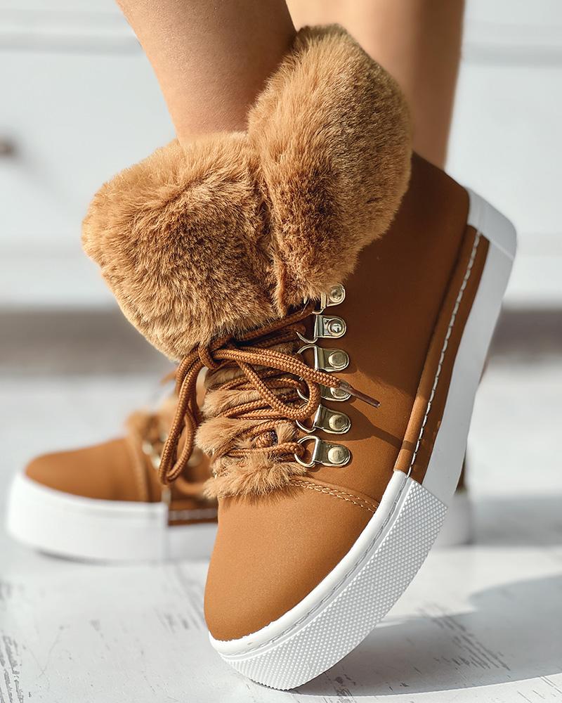 Lace up Fuzzy Detail Lined Ankle Boots