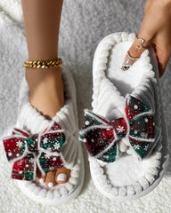 Christmas Plaid Bowknot Design Non Slip Fuzzy Winter Slippers