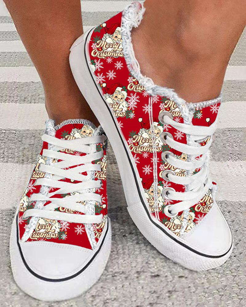 Merry Christmas Santa Claus Snowflake Print Raw Hem Sneakers