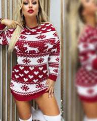 Christmas Elk Heart Snowflake Print Knit Casual Dress