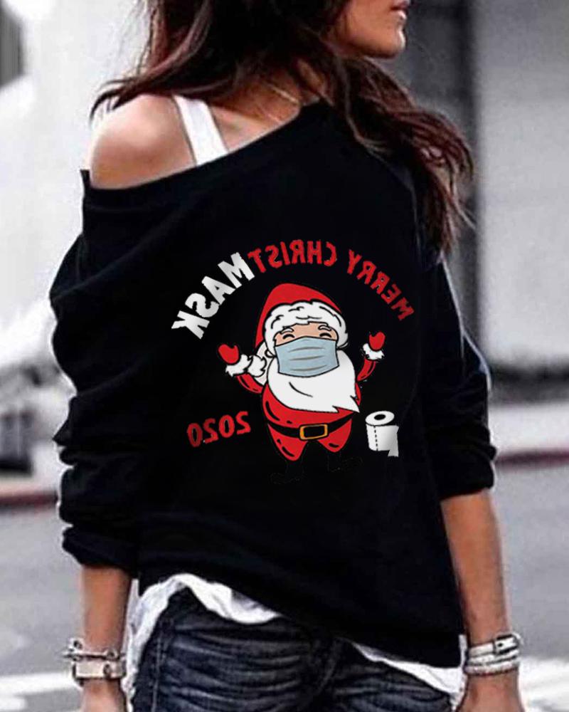 Sudadera navideña con hombros descubiertos y estampado de letras de Papá Noel