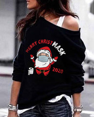 Sudadera navideña con hombros descubiertos y estampado de letras de Papá Noel