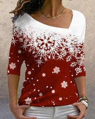 Christmas Snowflake Print Asymmetrical Neck Top