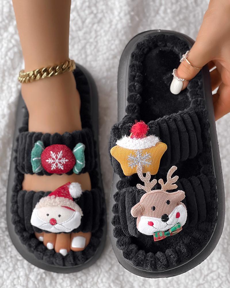 Christmas Cartoon Elk Santa Claus Pattern Fuzzy Winter Slippers