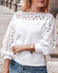 Guipure Lace Lantern Sleeve Knit Sweater