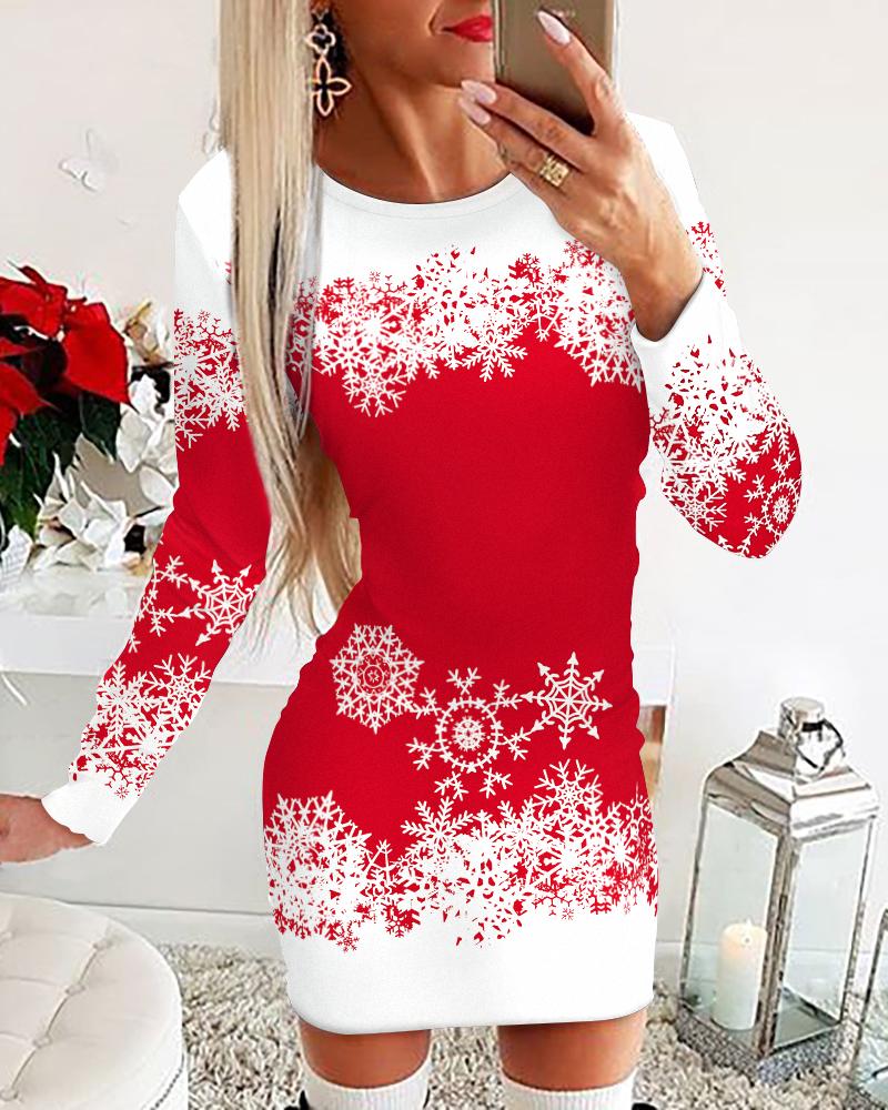 Christmas Snowflake Print Long Sleeve Bodycon Dress