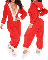 Christmas Zipper Front Hooded Fluffy Adult Onesie