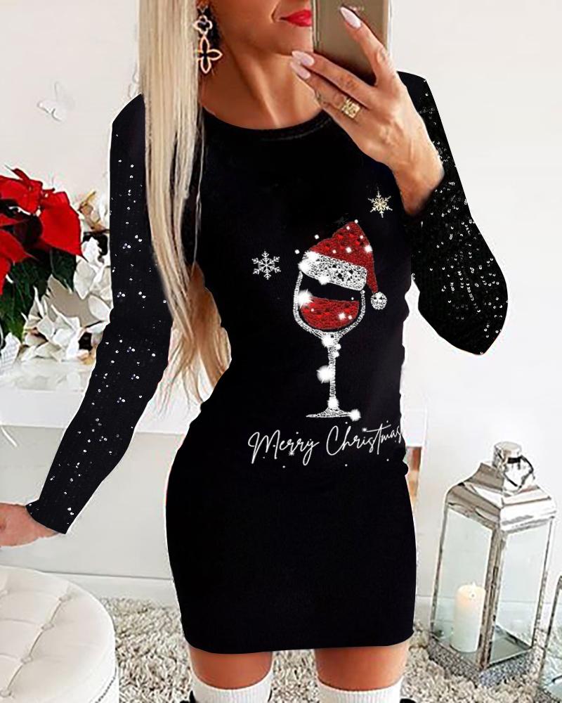 Christmas Wine Glass Print Contrast Sequin Bodycon Dress