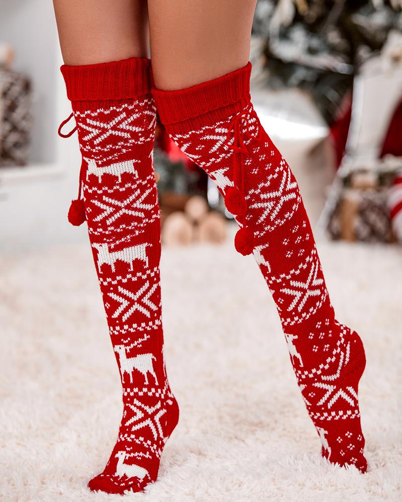 1Pair Christmas Snowflake Pom Pom Knee Length Socks