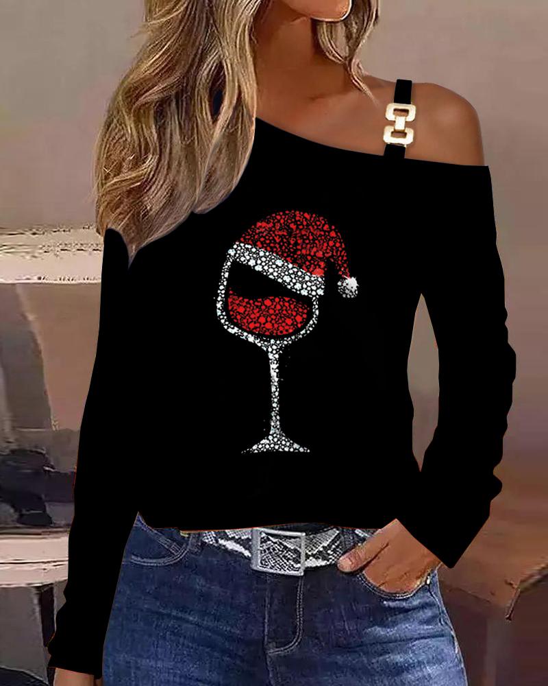 Christmas Wine Glass Print Cold Shoulder Top