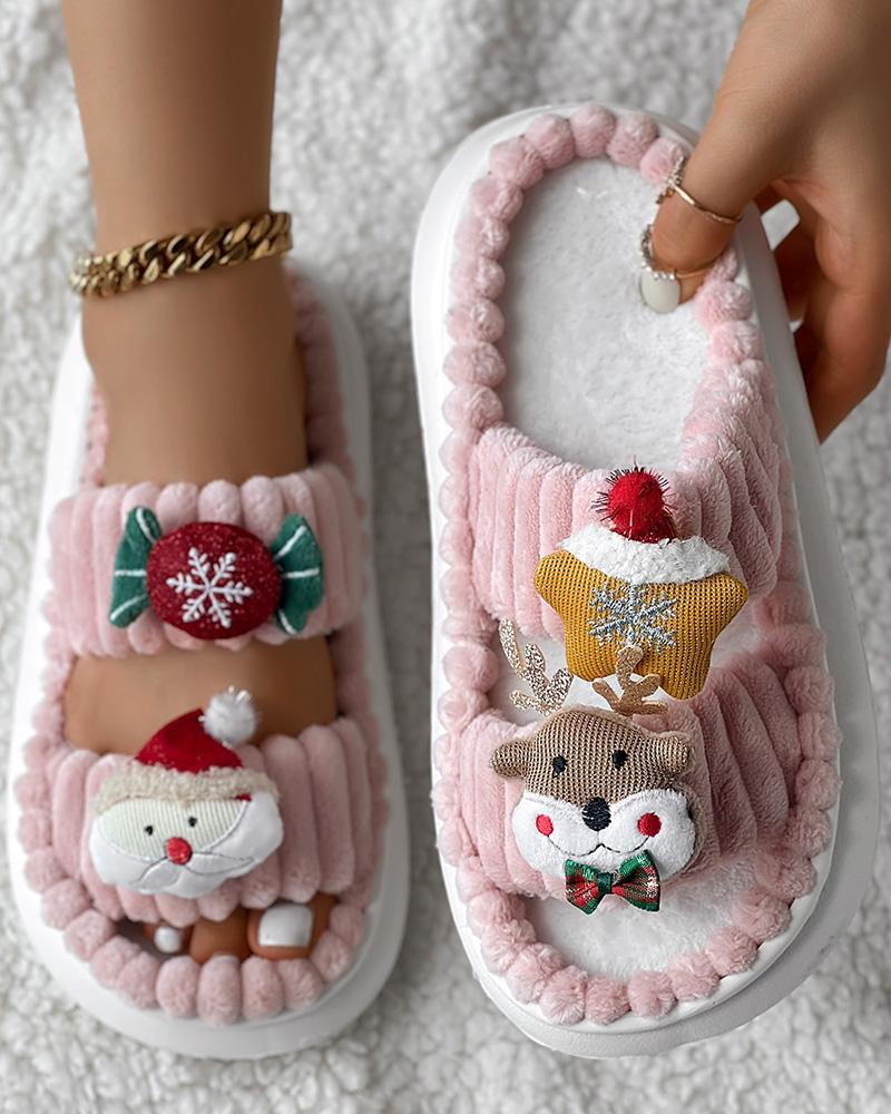 Christmas Cartoon Elk Santa Claus Pattern Fuzzy Winter Slippers