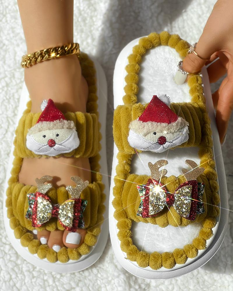 Christmas Cartoon Santa Claus Pattern Double Strap Fuzzy Winter Slippers