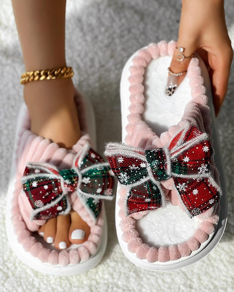 Christmas Plaid Bowknot Design Non Slip Fuzzy Winter Slippers